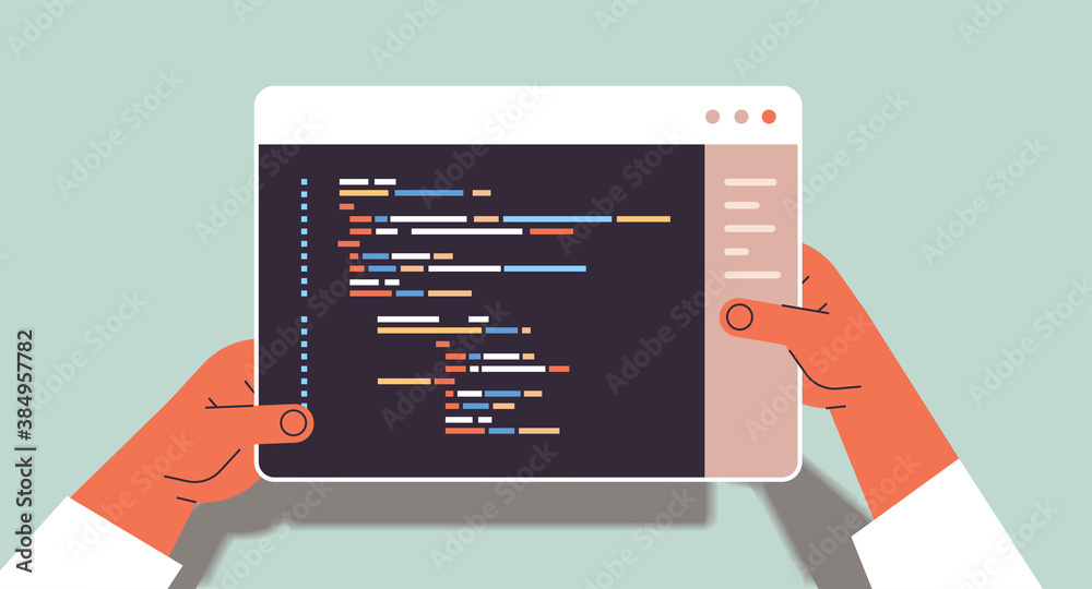 web developer hands using tablet pc creating program code development of software and programming concept vector illustration - obrazy, fototapety, plakaty 