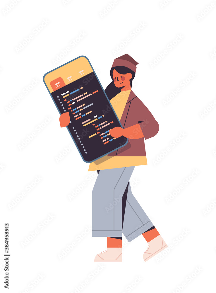 female web developer using smartphone creating program code development ...
