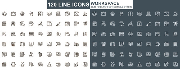 Poster - Workspace thin line icons set. Corporate workplace, coworking space unique design icons. Business workflow, corporate management outline vector bundle. 48x48 pixel perfect linear pictogram pack.