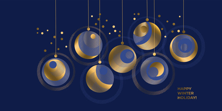 Luxury elegant golden xmas baubles on blue