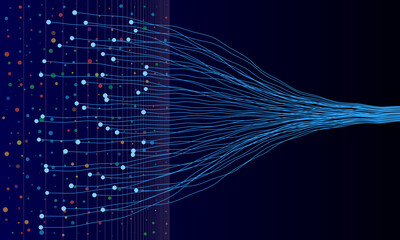 Poster - Big data visualization with lines and dots. Diminishing perspective on background with lines.