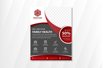 Wall Mural - family health care flyer template design use combination red, black and white colors. quarter circle shape for photo space. 