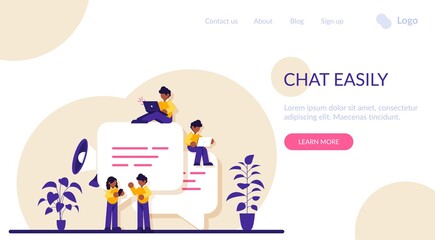 Poster - Chat easily. Speech bubbles for comment and reply. Small people chatting online. Guys and woman sitting on big symbols of chat. Modern flat illustration.