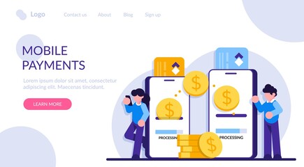Poster - Mobile payment. Transfer money online. Phone transaction, business internet pay and digital banking. Card technology in smartphone, commerce finance concept. Modern flat illustration.