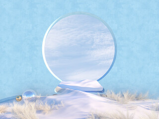 Poster - Empty Winter Christmas scene with Snow globe shape frame. 3d render.