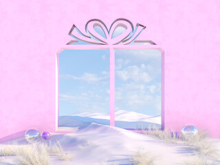 Poster - Empty Winter Christmas scene with Gift box shape frame. 3d render.