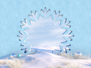 Poster - Empty Winter Christmas scene with Snowflake shape frame. 3d render.