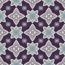 Abstract Colorful Ornament, Oriental Curve Swirls Seamless Pattern With Flowers And Curl, Openwork. Multicolored Tracery On Violet Background, For Fabric Design, Wallpaper, Print. Vector Illustration
