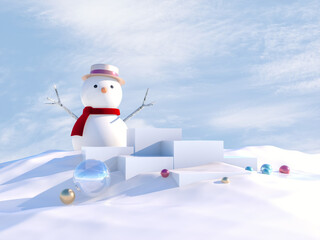 Poster - Winter Christmas scene with White podium and snow man for product display. 3d render.