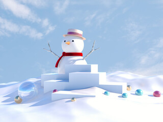 Poster - Winter Christmas scene with White podium and snow man for product display. 3d render.