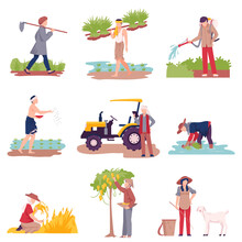 Asian Farmers Picking Agricultural Crops And Cultivating Soil Vector Illustration Set