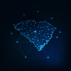 Wall Mural - south carolina usa map glowing silhouette made of stars lines dots triangles, low polygonal shapes.