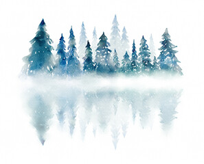 Wall Mural - winter forest in a fog painted in watercolor