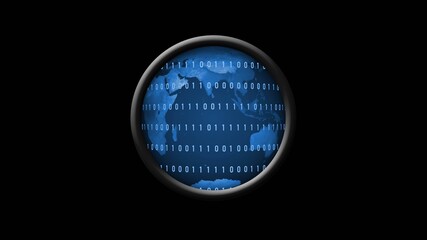 Poster - Part of the world map behind lines of binary code in a magnifying lens - isolated on black background - 3D illustration