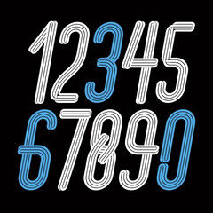 Poster - Set of vector tall elegant condensed funky numbers from 0 to 9 made with parallel stripes, best for use in logotype design for carnival announcement.