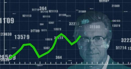 Poster - Multiple increasing numbers and statistical data processing against portrait of man