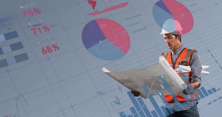 Poster - Male architect holding plans against statistical data processing