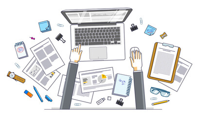 Fototapete - Business analysis, office worker or entrepreneur businessman working on a PC notebook and papers with financial analytics, top view of work desk with stationery and documents and hands. Vector.