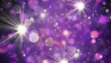 Purple Background With Stars Rays Of Glowing Lights. Natural Light Bokeh Holiday