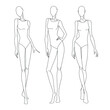 © Fidan.Stock - Technical drawing of woman's figure. Vector thin line girl model template for fashion sketching. Woman's body poses. The position of the hand at the waist and walking on runway. Separate layers.