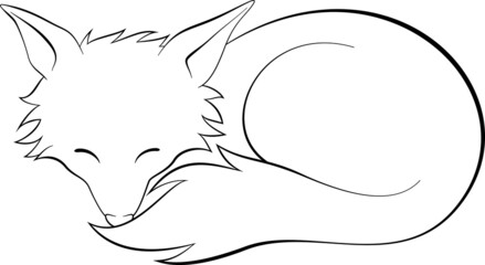 Wall Mural - Cute fox sleeping in a curled up pose with closed eyes. Line art illustration for coloring book and page. Black outline on white background, for printing.