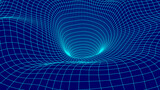 Fototapeta Do przedpokoju - Futuristic blue funnel. Wireframe space travel tunnel. Abstract blue wormhole with surface warp. Vector illustration.