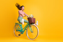 Full Length Body Size Photo Of Funny Girl Shouting Riding Bicycle Keeping Legs Up Isolated On Vivid Yellow Color Background