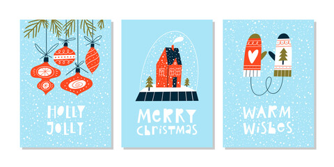 Wall Mural - Christmas greeting cards or tags with lettering and hand drawn design elements. Postcard or invitation template. 