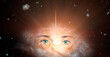 The concept of clairvoyance. Piercing green eyes looking into the future against the background of the galaxy. Paranormal abilities, clairvoyance, divination. Elements of this image are provided by NA