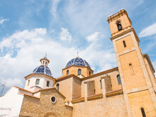 Beautiful Low Angle Shot Of The Church Of Our Lady Of Consolation Of Altea (Nuestra Señora Del Consuelo Church). Also Called The Dome Of The Mediterranean.