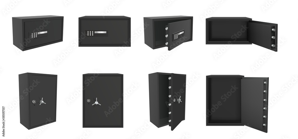 Vector set of black safe box isolated on white background. Realistic 3d ...