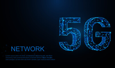 Wall Mural - Abstract blue glowing 5G High-Speed network wireless internet connection. communication network concept backdrop. Low polygon, particle, and triangle style design.Wireframe light connection structure.