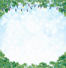 Wall Mural - vector blue background, decorated by fir branches and lights, for winter holidays design. christmas 