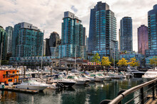 Marina At Coal Harbour, With Leisure Craft And House Boats, City Skyline, Vancouver, British Columbia, Canada