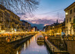 Navigli district at dusk decorated with Christmas lights.Milan,Lombardy,Italy