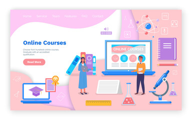 Poster - Landing page of educational website. Online courses. Online study, online science, online training, educational concept. Studying, learning courses, e-books, education in internet. Flat style