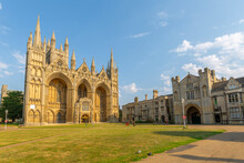 View Of Gothic Facade Of Peterborough Cathedral From Dean's Court, Peterborough, Northamptonshire, England, United Kingdom