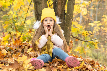 Wall Mural - The little girl looks at the autumn in surprise.