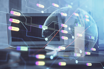 Multi exposure of table with computer and world map hologram. International data network concept.