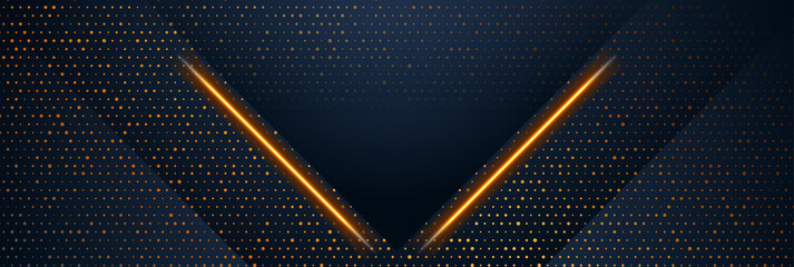 Abstract tech geometric background with glowing neon lines and golden shiny dots. Vector banner design