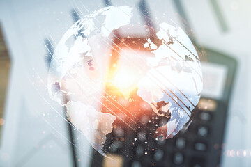 Poster - Multi exposure of abstract graphic world map on blurry calculator and papers background, big data and networking concept