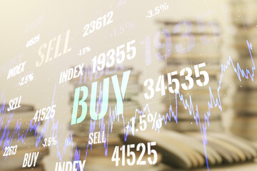 Poster - Multi exposure of abstract virtual financial graph hologram on stacks of coins background, forex and investment concept