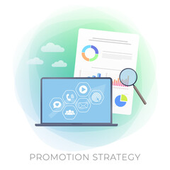 Poster - promotion strategy - digital marketing business concept vector icon. online advertising plan with e-