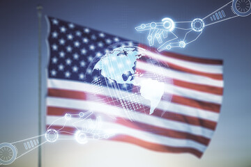 Aufkleber - Abstract virtual robotics technology hologram with globe sketch on USA flag and sunset sky background. Robot development and automation concept. Multiexposure