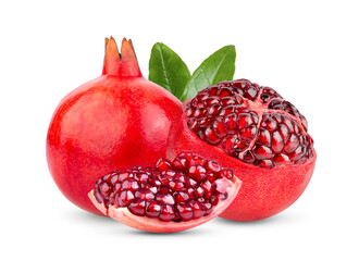 Pomegranate with leaf isolated on white background.