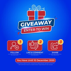 Giveaway Banner Template Design For Social Media Post. .Gift Offer Banner, Giveaways Post And Winner Reward In .Contest, Prize In Boxes. With Blue Color