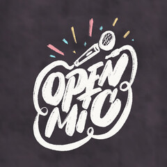 Poster - Open mic. Chalkboard vector sign.