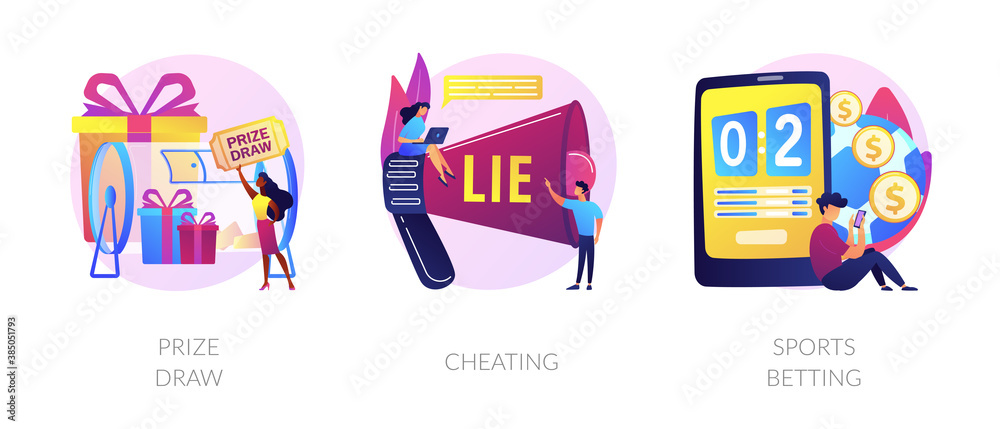 Lottery awards raffle, unfair victory and fraud, internet gambling problem icons set. Prize draw, cheating, sports betting metaphors. Vector isolated concept metaphor illustrations - obrazy, fototapety, plakaty 