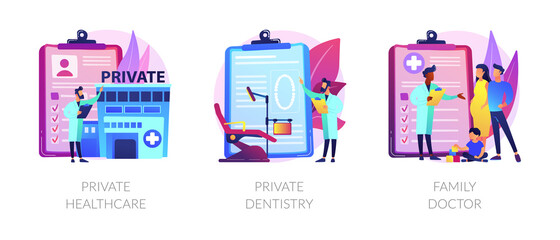 Wall Mural - Private medical services abstract concept vector illustration set. Private healthcare, dentistry, family doctor practitioner. Non-governmental general medical treatment, primary care abstract metaphor