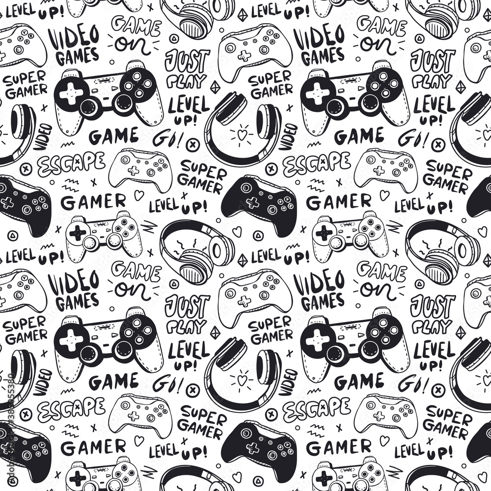 Seamless pattern with joysticks, text and headphones for a boy. Hand drawing, typography, cool background for game designs. Print for children's textiles, paper, T-shirts. Doodles and lettering. - obrazy, fototapety, plakaty 